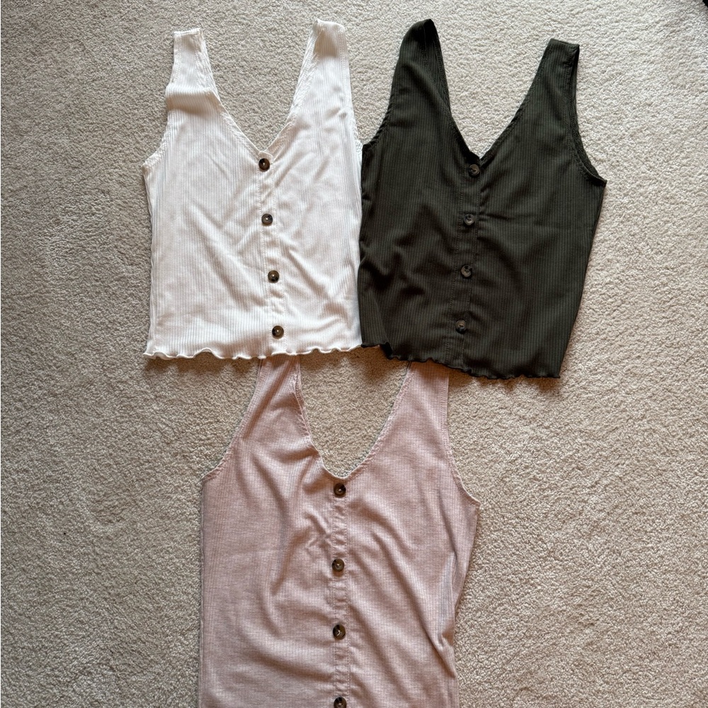 Women's Button-Down Ribbed Tank Top - White, Olive, and Beige